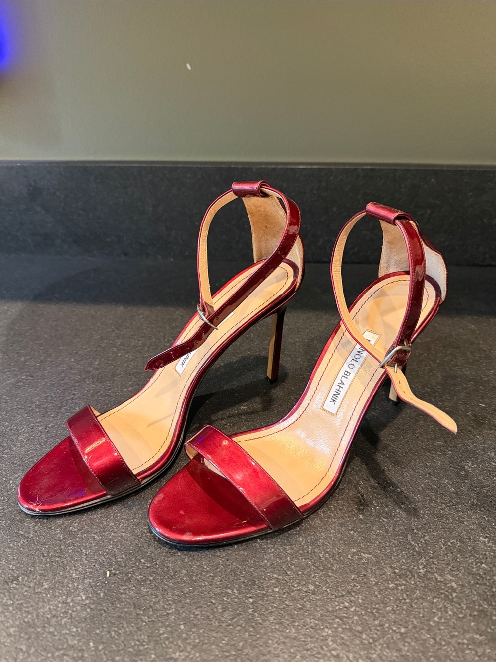 Manolo Blahnik strappy red patent leather sandal heel